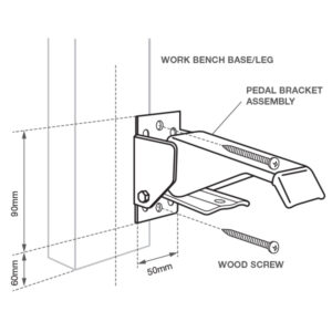 第一个固定工作台安装图，显示了腿部的测量和木螺钉的对准